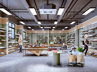 Contemporary Shoe Store Interior Featuring Bright Lighting Shoe Shelves Display Tables And Customers 3d model
