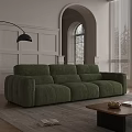 Green Tufted Three Seater Sofa in Modern Living Room with Floor Lamp and Coffee Table