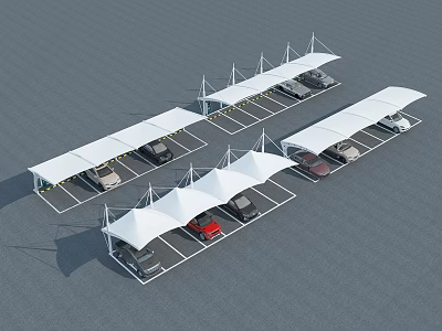 White Carport Canopies Covering Multiple Parking Spaces In Parking Lot With Parked Cars 3d model