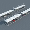 White Carport Canopies Covering Multiple Parking Spaces In Parking Lot With Parked Cars