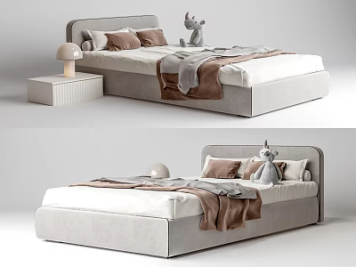 Modern Double Bed With Upholstered Headboard Brown Pillows Woven Blanket And Stuffed Toys 3d model