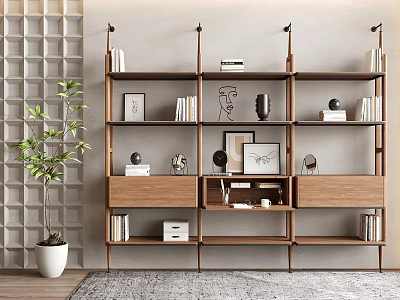 Modern Wooden Bookshelf with Books Decorative Items Photo Frames and Potted Plant 3d model
