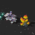 Cartoon Scene With Colorful Mushrooms On Dark Background And White Spots