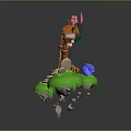 Vibrant Orange Character And Flower Creature On Green Floating Island Grass With Rocks