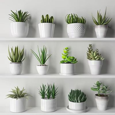 Neatly Arranged Succulents and Green Plants in White Pots on White Shelves 3d model
