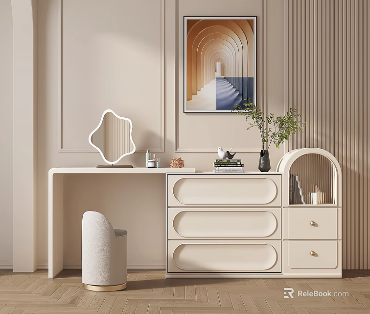 Modern Minimalist White Dressing Table Interior With Stool Mirror Drawers And Plant Vase 3d model 
