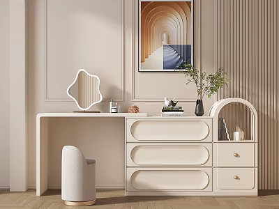 Modern Minimalist White Dressing Table Interior With Stool Mirror Drawers And Plant Vase 3d model