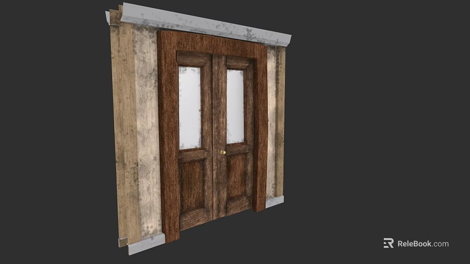 Vintage Wooden Double Door with Glass Panels and Light Colored Frame 3d model 