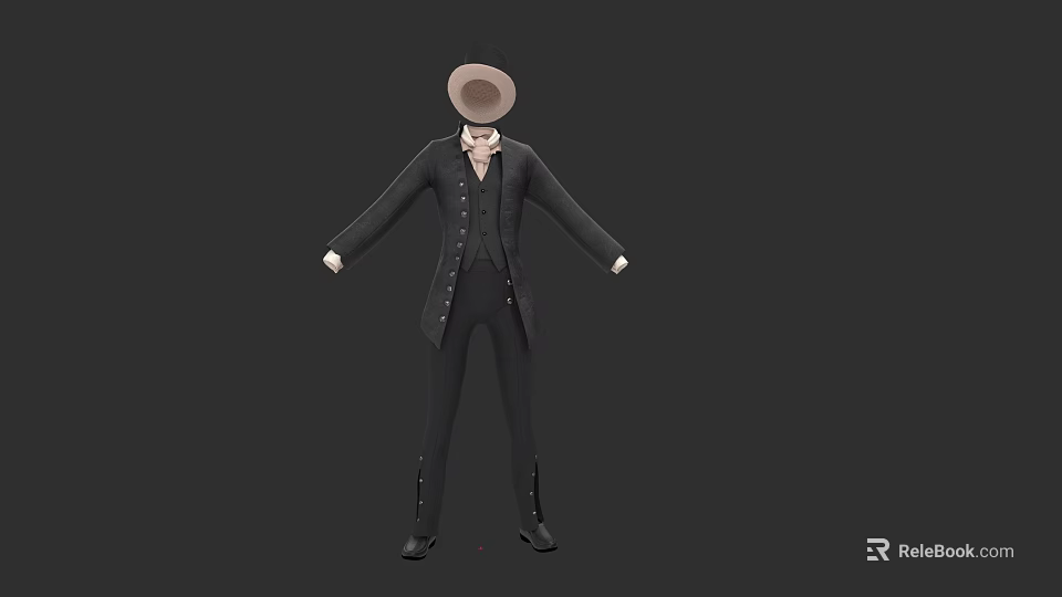Man in Black Formal Outfit with Long Coat Vest Pants and Hat 3d model 