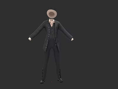 Man in Black Formal Outfit with Long Coat Vest Pants and Hat 3d model