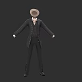 Man in Black Formal Outfit with Long Coat Vest Pants and Hat