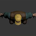 3D Character Wearing Yellow Hat Brown Vest And Blue Striped Outfit With Brown Shoes