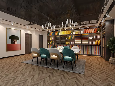 Elegant Specialty Store Interior With Colorful Fabric Shelves Green Chairs Herringbone Wooden Floor And Chandelier 3d model