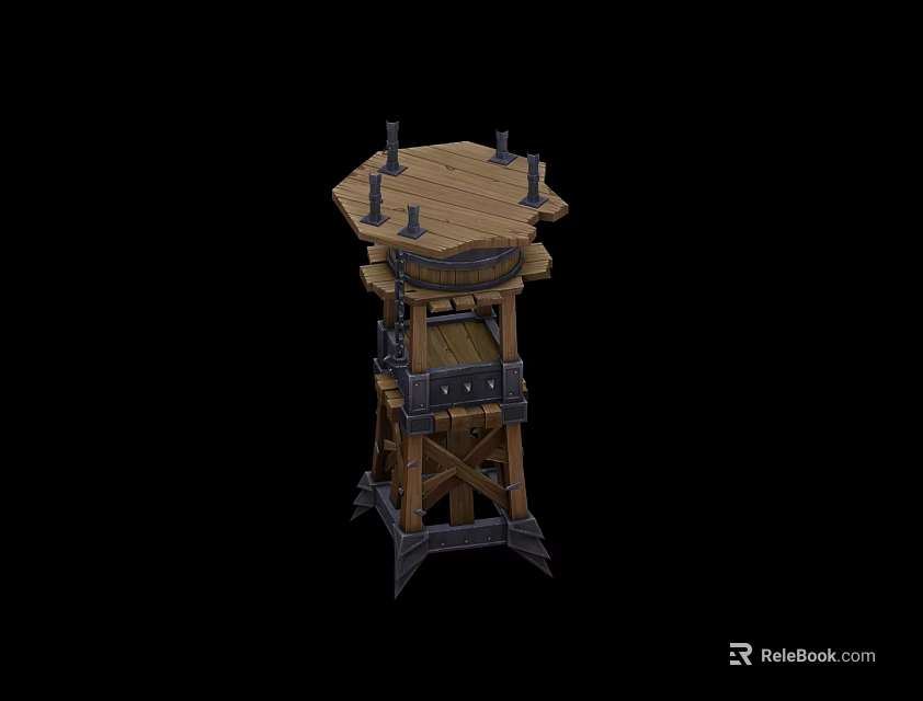 Simple Wooden Tower With Hexagonal Top Platform And Metal Support Brackets 3d model