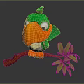 Cartoon Green Parrot with Orange Beak Perched on Brown Branch and Green Leaves