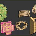 Golden Metal Mechanical Parts Showcasing Various Geometric Shapes And Industrial Designs