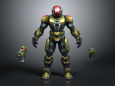 3D Armored Character And Mechanical Creatures With Red Helmet Gold Green Armor 3d model