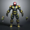 3D Armored Character And Mechanical Creatures With Red Helmet Gold Green Armor