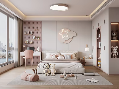 Modern Kids Bedroom Interior With Plush Toys Bed And Pink Chair 3d model