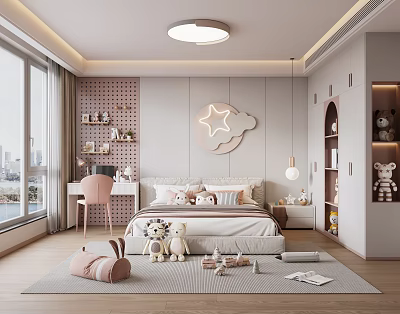 Modern Kids Bedroom Interior With Plush Toys Bed And Pink Chair 3d model
