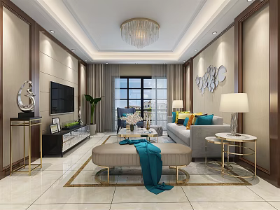 Elegant Modern Living Room Interior With Chandelier TV Sofa Coffee Table And Gold Accents 3d model