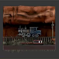 Cartoon Scene Featuring Steam Train On Platform By Red Rock And Small Boat On Water