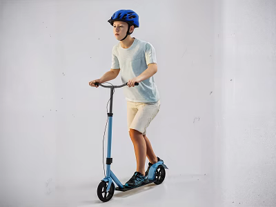 Man Riding Blue Scooter Wearing Blue Helmet Light Blue T-shirt Khaki Shorts White Background 3d model