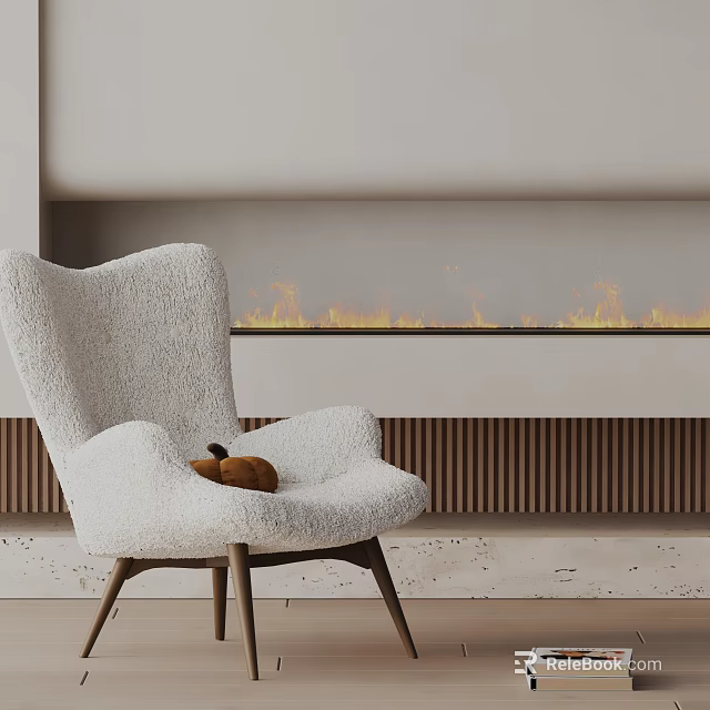 Plush White Accent Chair with Armrests and Wooden Legs by Modern Fireplace with Flames 3d model 
