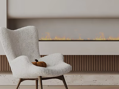 Plush White Accent Chair with Armrests and Wooden Legs by Modern Fireplace with Flames 3d model