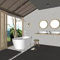 Modern Bathroom Interior Featuring Freestanding Bathtub Round Mirror Stone Wall Wooden Stool And Natural View