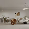 Modern Living and Dining Room Interior With Sofa Dining Table Pendant Lights and Artwork