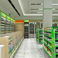Modern Pharmacy Store Interior With Neatly Arranged Medicines And Green White Shelves