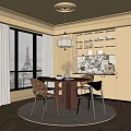 Elegant Restaurant Dining Area With Round Table Chairs Pendant Lamp And Eiffel Tower View 3d model