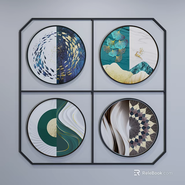 Four Round Abstract Decorative Paintings With Blue Green Gold White Patterns And Black Hexagonal Frames 3d model