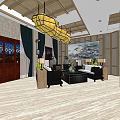 Modern Storefront Reception Area With Wooden Ceiling Chandeliers And Decorative Elements 3d model