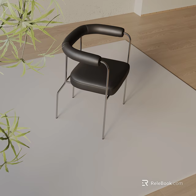 Modern Minimalist Dining Chair With Leather Seat And Metal Frame Accompanied By Green Plant Interior 3d model 