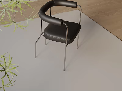 Modern Minimalist Dining Chair With Leather Seat And Metal Frame Accompanied By Green Plant Interior 3d model