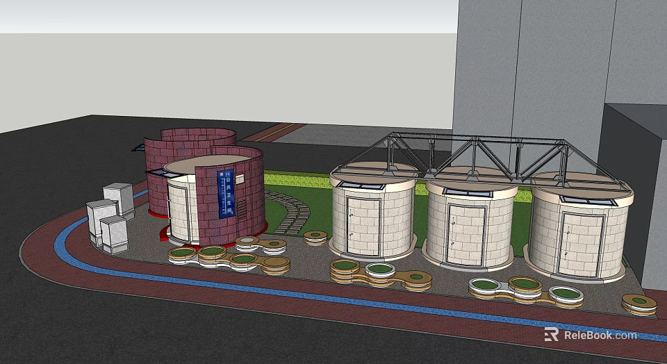 Industrial Facility With Cylindrical Tanks Red White Structures And Green Pavements 3d model 