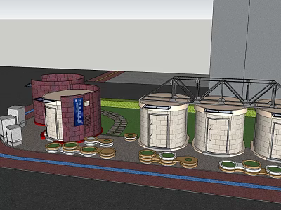 Industrial Facility With Cylindrical Tanks Red White Structures And Green Pavements 3d model