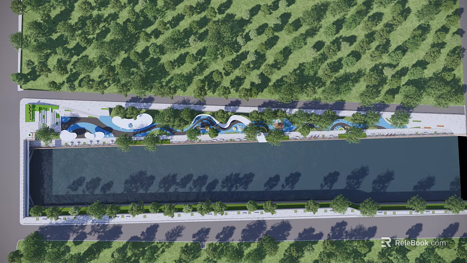 Scenic Garden Landscape With Winding River Greenery And Tree Lined Paths 3d model