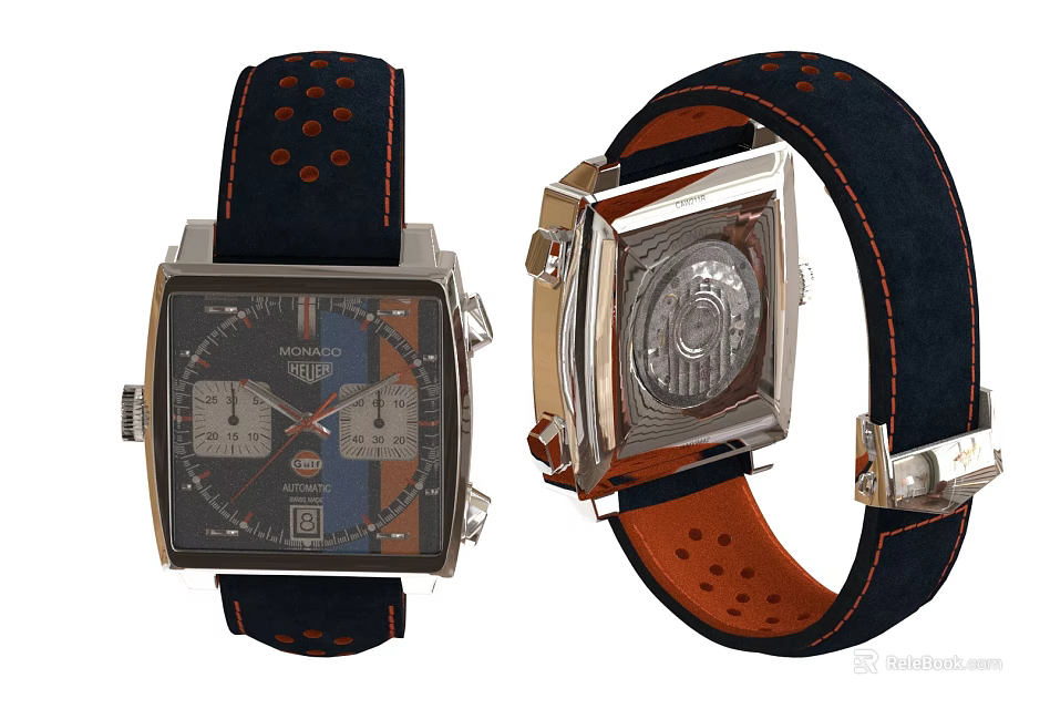 Chic Square Dial Watches With Dark Straps And Orange Details 3d model 