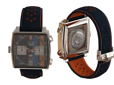 Chic Square Dial Watches With Dark Straps And Orange Details 3d model