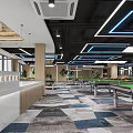 Modern Billiard Room Interior Design With Multiple Tables Patterned Floor And Lighting
