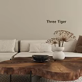 Modern Beige Sofa Set With Throw Pillows Wooden Coffee Table Vase Dried Flowers And Rug