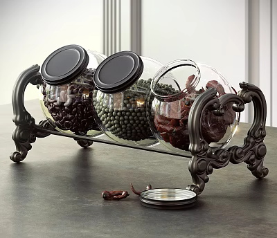 Vintage Metal Rack With Glass Jars For Dry Goods Storage 3d model