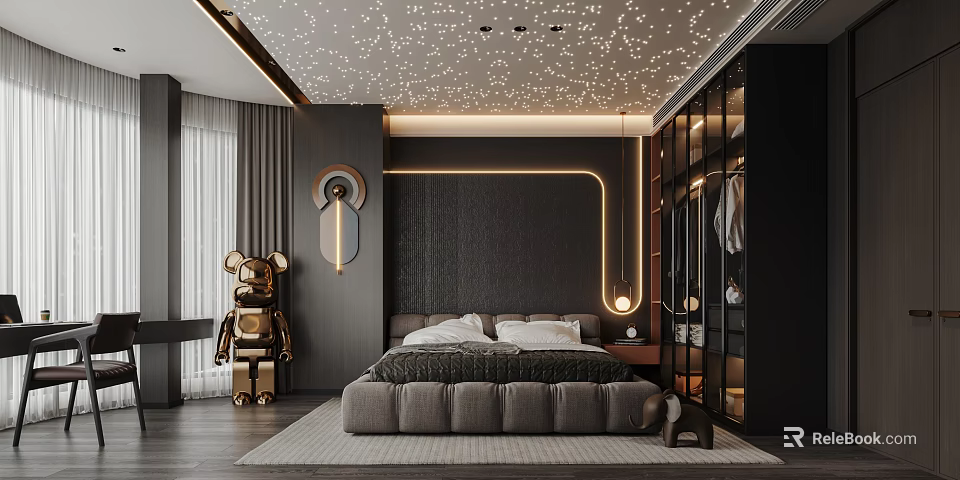 Modern Luxury Bedroom Interior With Starry Ceiling Dark Wall Golden Bear Sculpture And Glass Wardrobe 3d model 