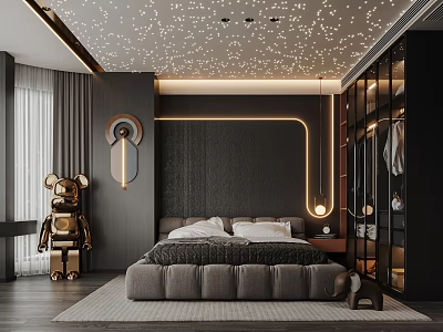 Modern Luxury Bedroom Interior With Starry Ceiling Dark Wall Golden Bear Sculpture And Glass Wardrobe 3d model