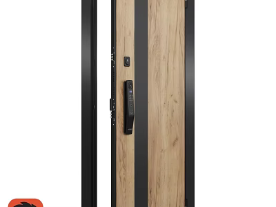 Modern Swing Door With Wooden Texture Black Frame And Handle Design 3d model
