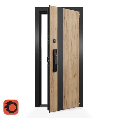Modern Swing Door With Wooden Texture Black Frame And Handle Design 3d model