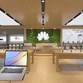 Modern Digital Store Interior With Huawei Logo Display Laptops And Headphones On Wooden Tables